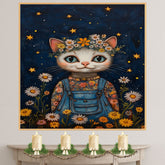 Cute Cat in Overalls with Flower Crown Whimsical Hand Painted Floral Art Night Sky Wall Decor for Nursery Kids Room Bedroom or Gift for Cat Lovers on Ready to Hang 1.5" Thick Canvas Wrap, Floating Framed Canvas, Flat Rolled Canvas
